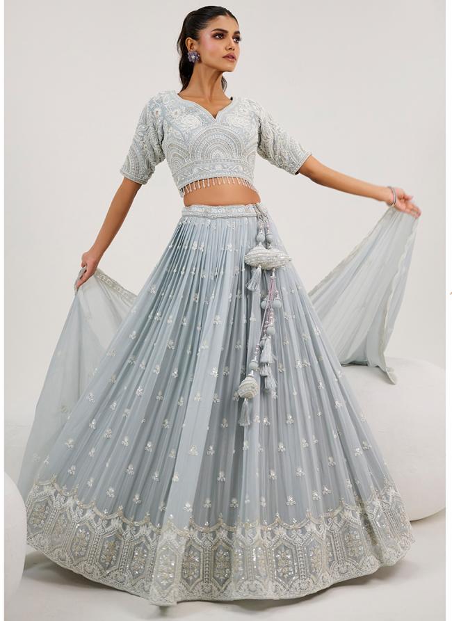 Georgette Sky Blue Bridal Wear Embroidery Work Ready To Wear Lehenga Choli